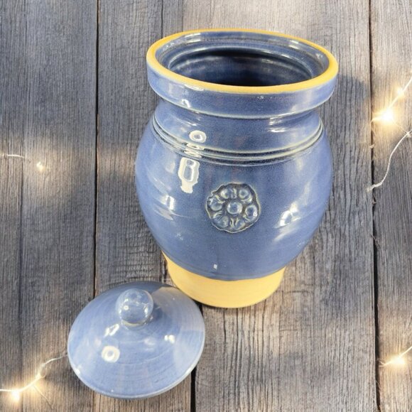 Rowe Pottery Cambridge Works Blue Glazed Jug Handle Pitcher Flower Canister Jar - Picture 2 of 16